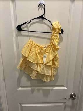 Maeve by Anthropologie Yellow and White Striped Ruffled One-Shoulder Top